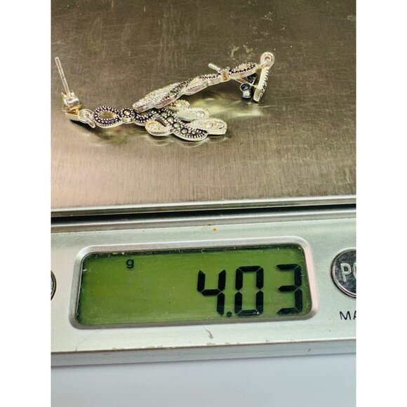 Estate Sterling Silver 925 Marcasite & CZ Drop Dangle Earrings, 4.03g, Push Back - Picture 8 of 8